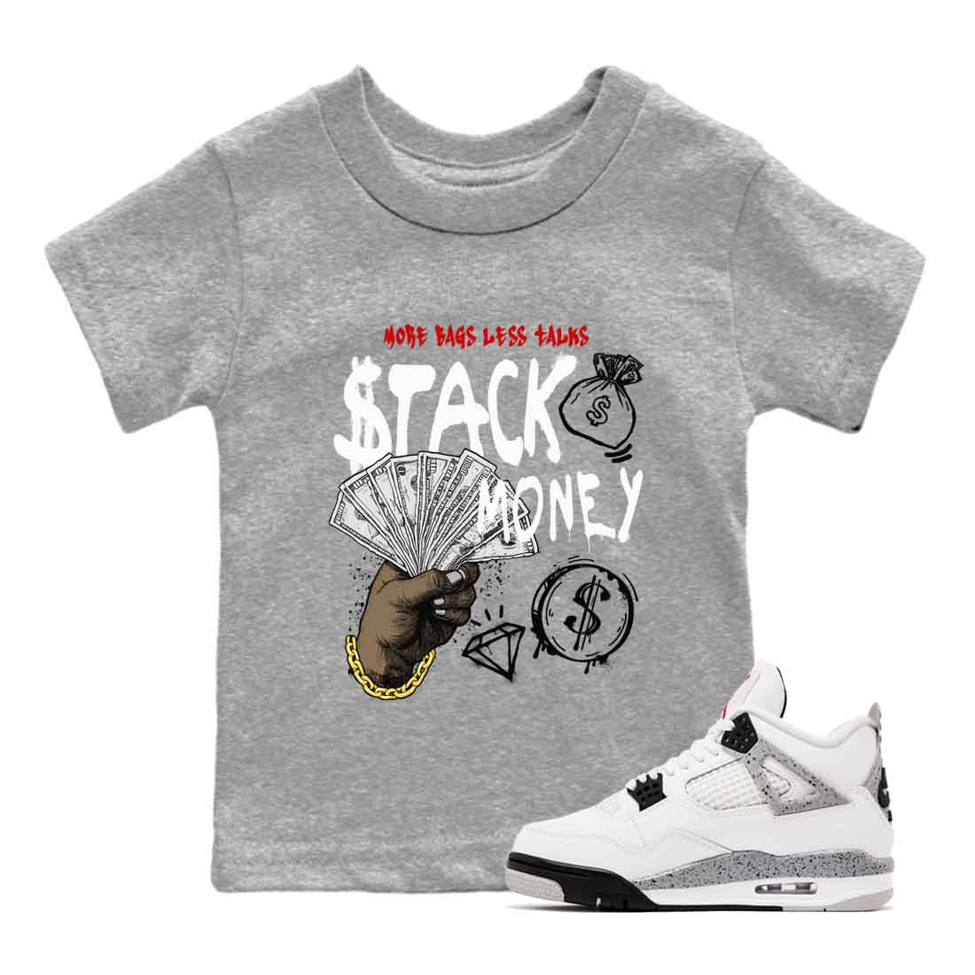 Stack Money baby and kids t-shirt crafted for little sneakerheads to shine with the Air Jordan 4 White Cement sneakers, displayed in Heather Grey 1.