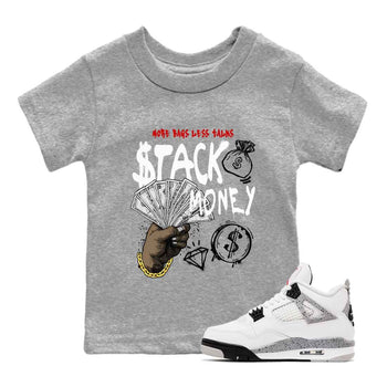 Stack Money baby and kids t-shirt crafted for little sneakerheads to shine with the Air Jordan 4 White Cement sneakers, displayed in Heather Grey 1.