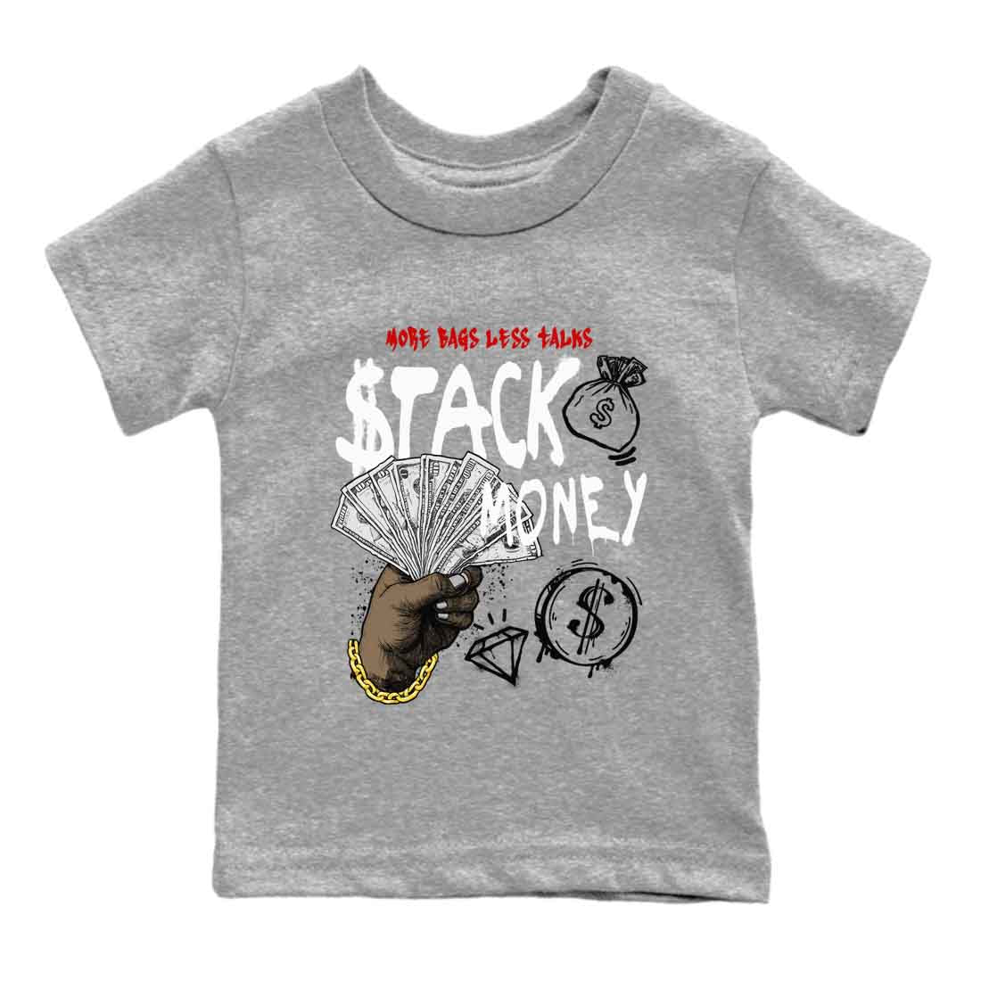Stack Money baby and kids t-shirt crafted for little sneakerheads to shine with the Air Jordan 4 White Cement sneakers, displayed in Heather Grey 2.