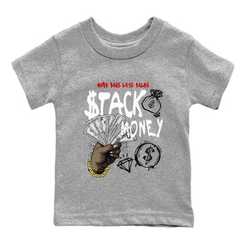 Stack Money baby and kids t-shirt crafted for little sneakerheads to shine with the Air Jordan 4 White Cement sneakers, displayed in Heather Grey 2.
