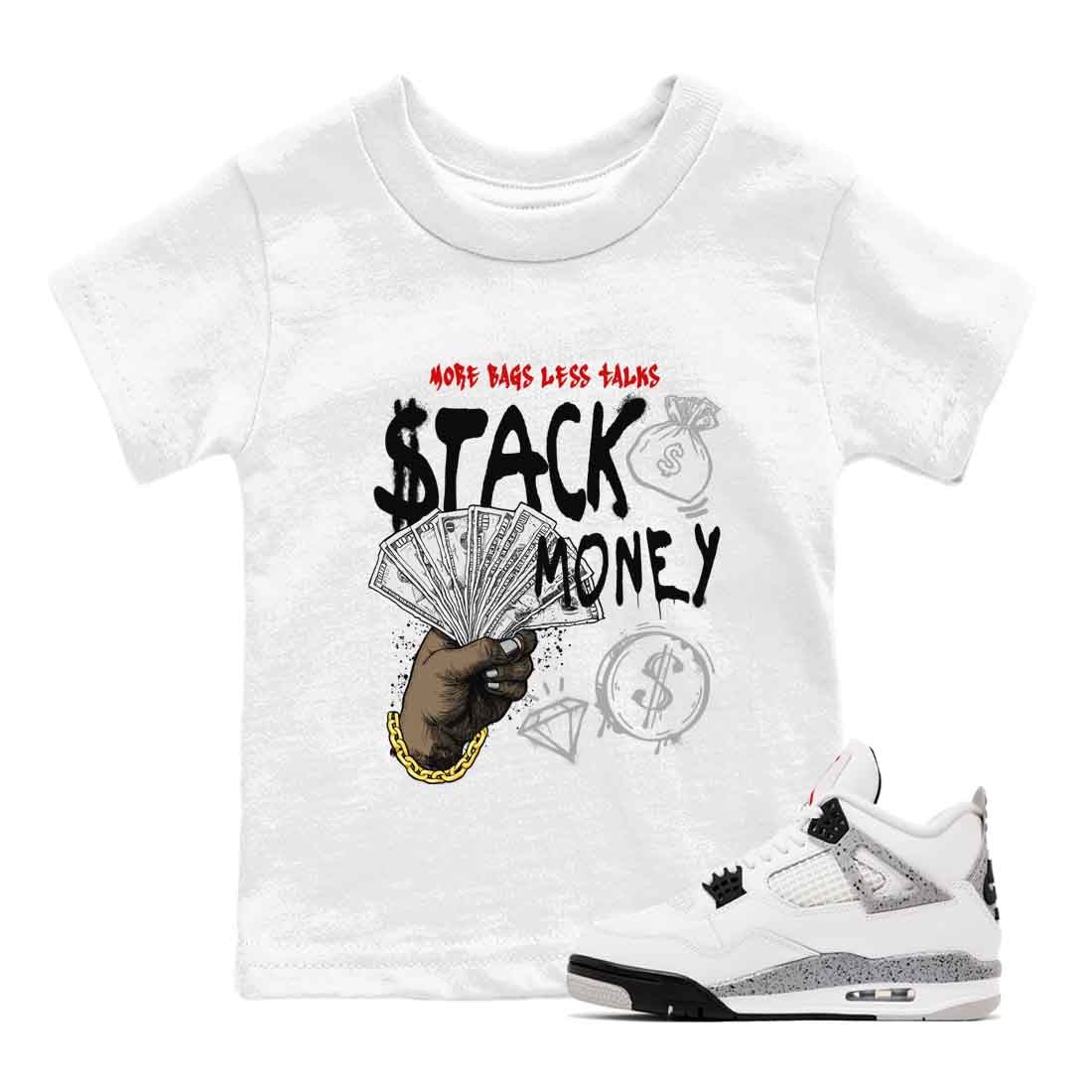 Stack Money baby and kids t-shirt crafted for little sneakerheads to shine with the Air Jordan 4 White Cement sneakers, displayed in White 1.
