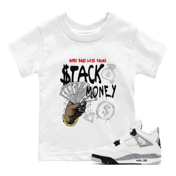 Stack Money baby and kids t-shirt crafted for little sneakerheads to shine with the Air Jordan 4 White Cement sneakers, displayed in White 1.