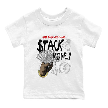 Stack Money baby and kids t-shirt crafted for little sneakerheads to shine with the Air Jordan 4 White Cement sneakers, displayed in White 2.