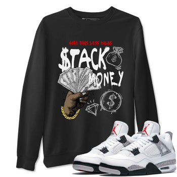 Stack Money sneaker match t-shirt styled to complete your fit with the Air Jordan 4 White Cement sneakers, shown in Black 1.