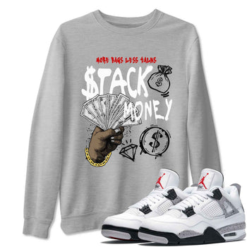 Stack Money sneaker match t-shirt styled to complete your fit with the Air Jordan 4 White Cement sneakers, shown in Heather Grey 1.