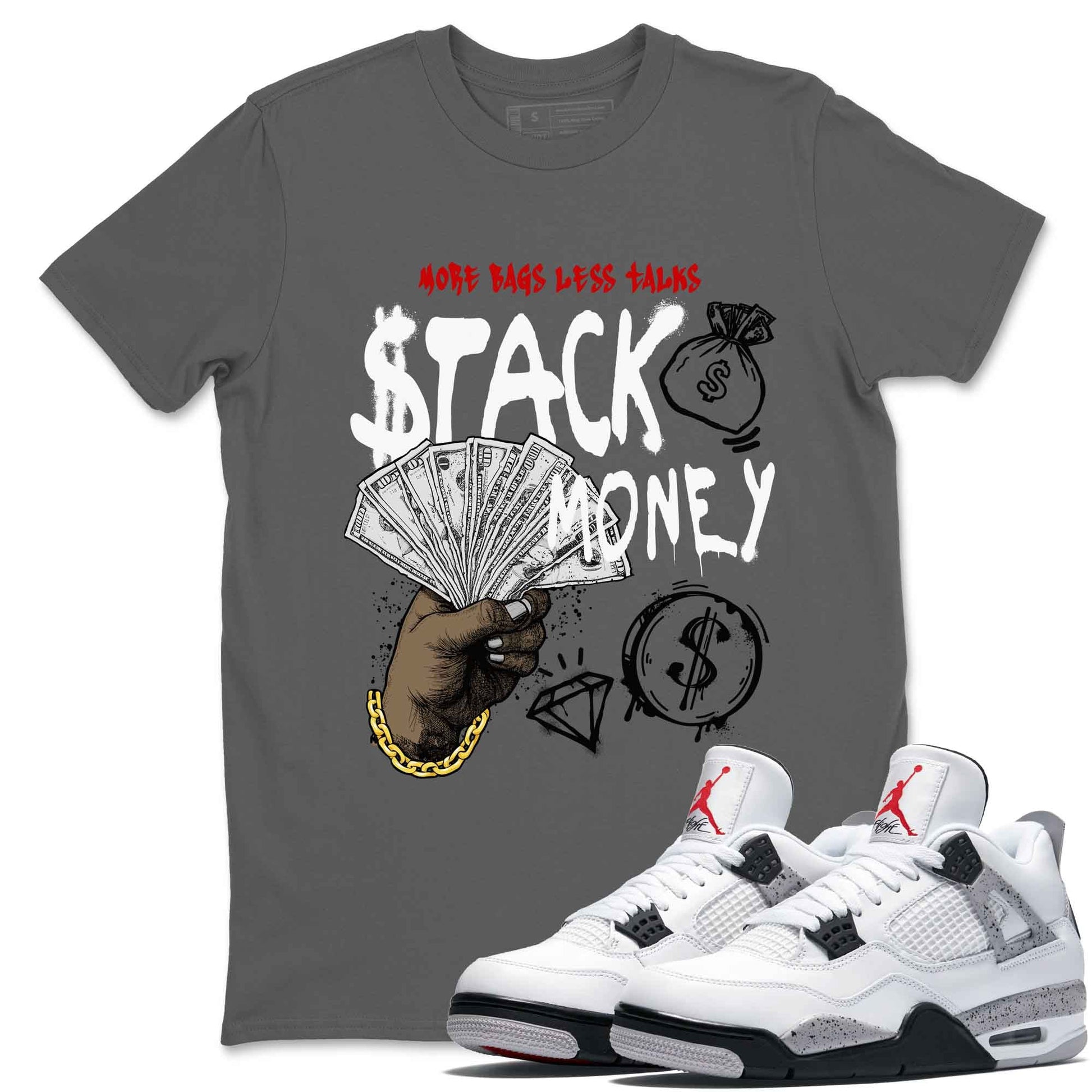 Stack Money sneaker match t-shirt styled to complete your fit with the Air Jordan 4 White Cement sneakers, shown in Cool Grey 1.