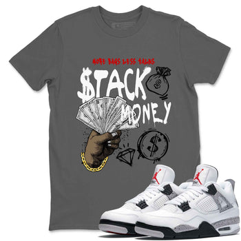Stack Money sneaker match t-shirt styled to complete your fit with the Air Jordan 4 White Cement sneakers, shown in Cool Grey 1.