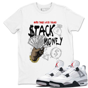 Stack Money sneaker match t-shirt styled to complete your fit with the Air Jordan 4 White Cement sneakers, shown in White 1.