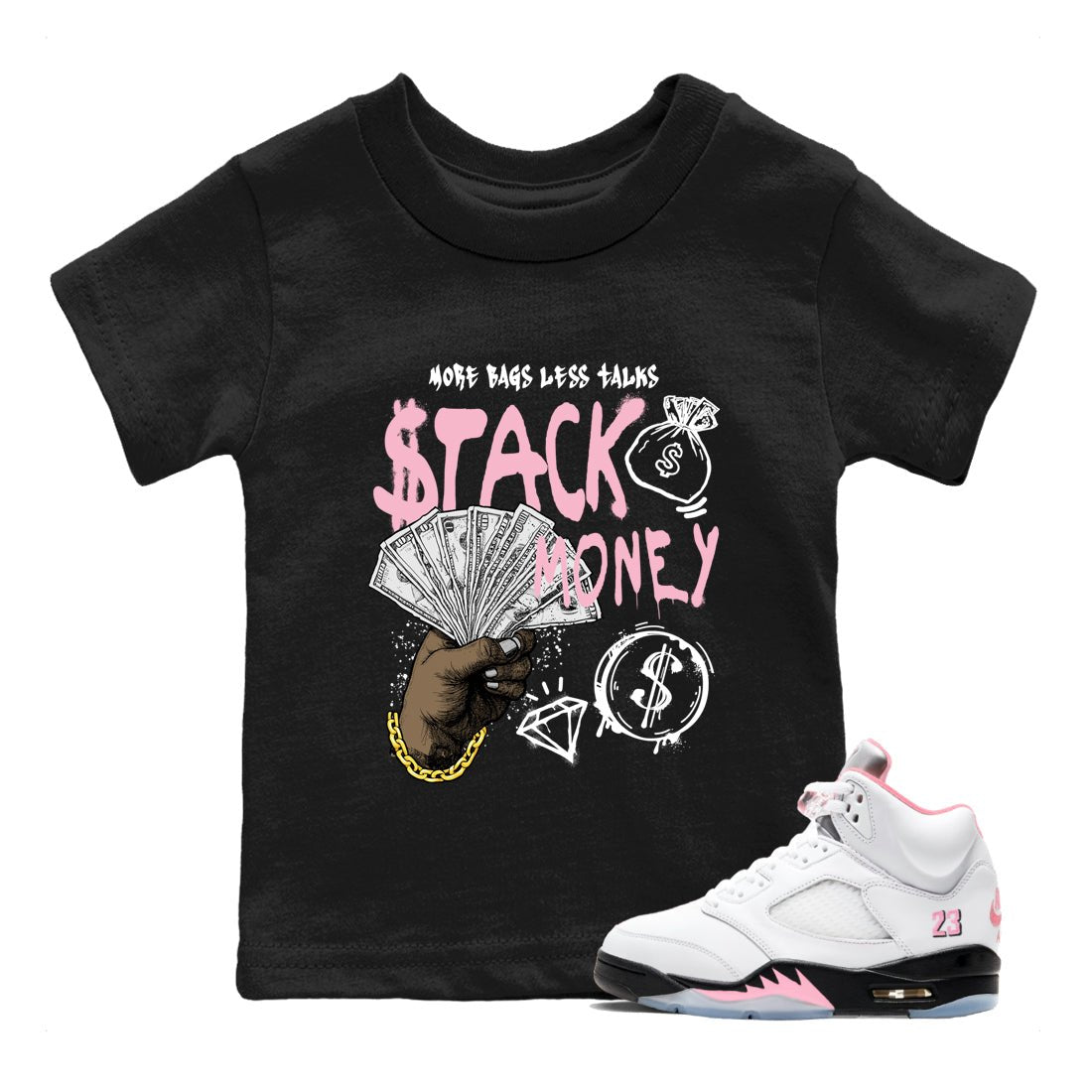 Sneaker match tees – Sneaker Tees To Match Air Jordan 5 35th Anniversary Shoes – Stack Money Kids T-Shirt Black 1