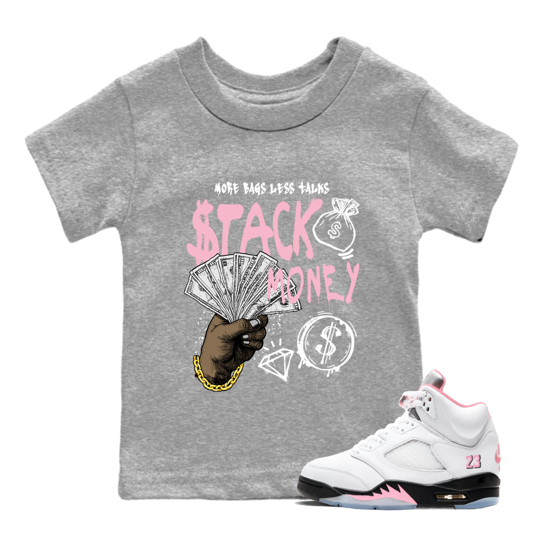 Sneaker match tees – Sneaker Tees To Match Air Jordan 5 35th Anniversary Shoes – Stack Money Kids T-Shirt Heather Grey 1