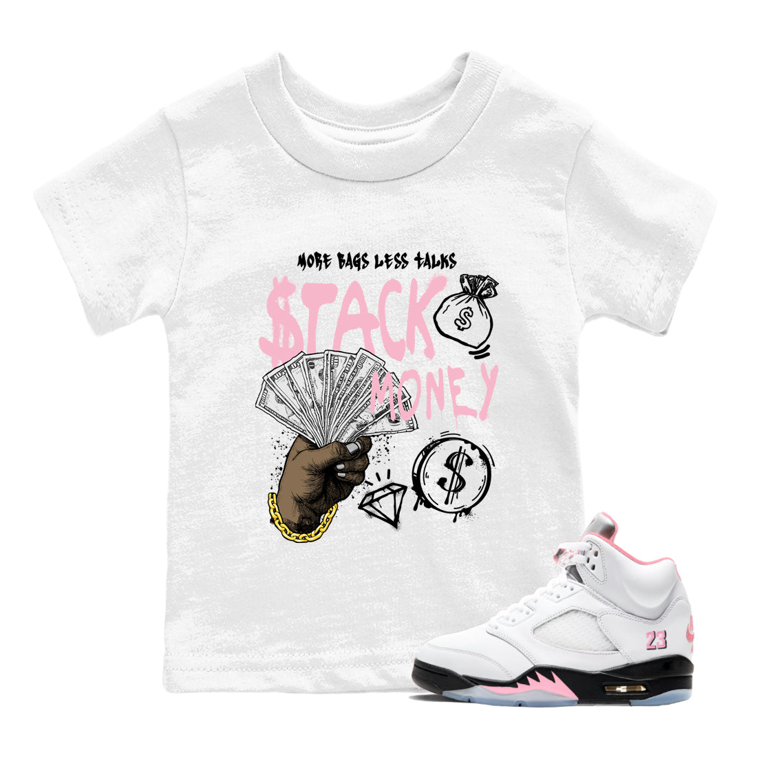 Sneaker match tees – Sneaker Tees To Match Air Jordan 5 35th Anniversary Shoes – Stack Money Kids T-Shirt White 1