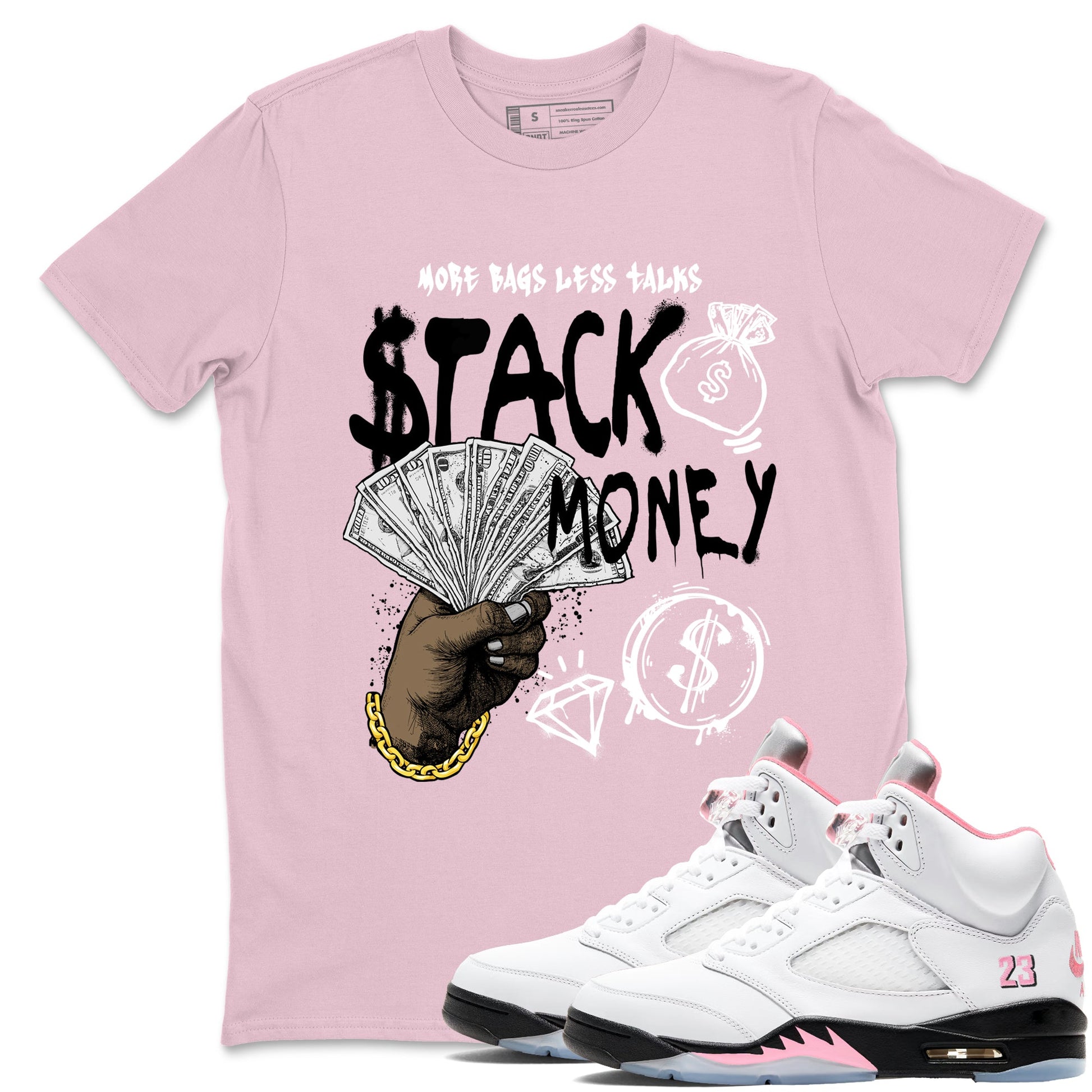 Sneaker match tees – Sneaker Tees To Match Air Jordan 5 35th Anniversary Shoes – Stack Money Tee Pink 1