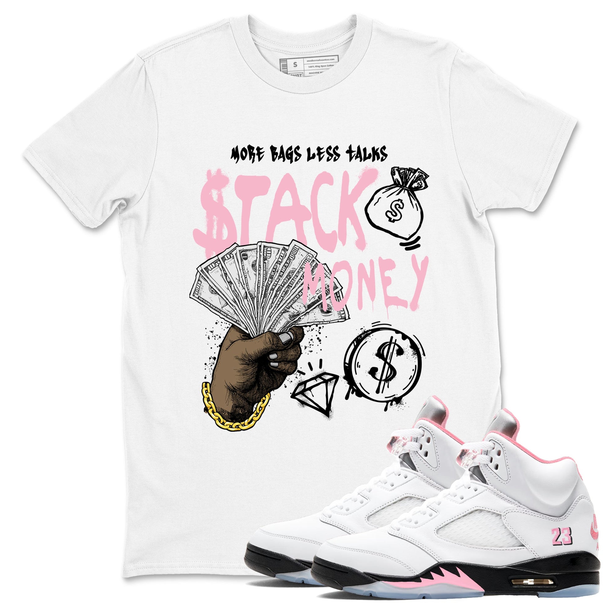 Sneaker match tees – Sneaker Tees To Match Air Jordan 5 35th Anniversary Shoes – Stack Money Tee White 1