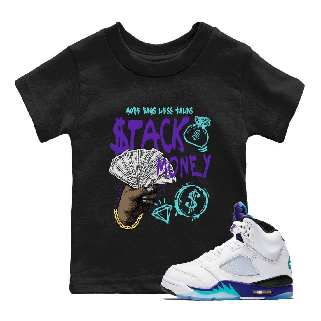 Stack Money baby and kids t-shirt crafted for little sneakerheads to shine with the Air Jordan 5 Grape sneakers, displayed in Black 1.