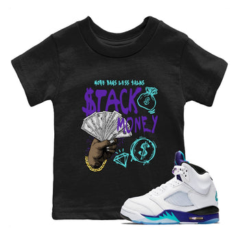 Stack Money baby and kids t-shirt crafted for little sneakerheads to shine with the Air Jordan 5 Grape sneakers, displayed in Black 1.