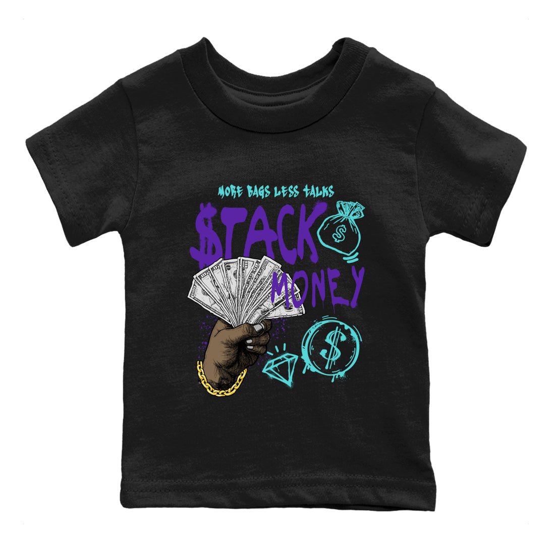 Stack Money baby and kids t-shirt crafted for little sneakerheads to shine with the Air Jordan 5 Grape sneakers, displayed in Black 2.