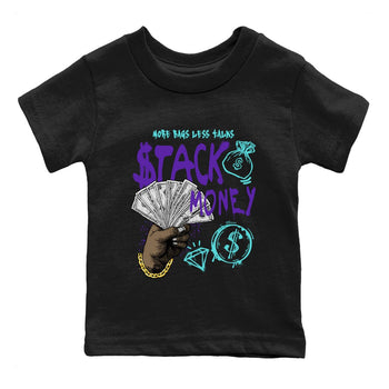 Stack Money baby and kids t-shirt crafted for little sneakerheads to shine with the Air Jordan 5 Grape sneakers, displayed in Black 2.