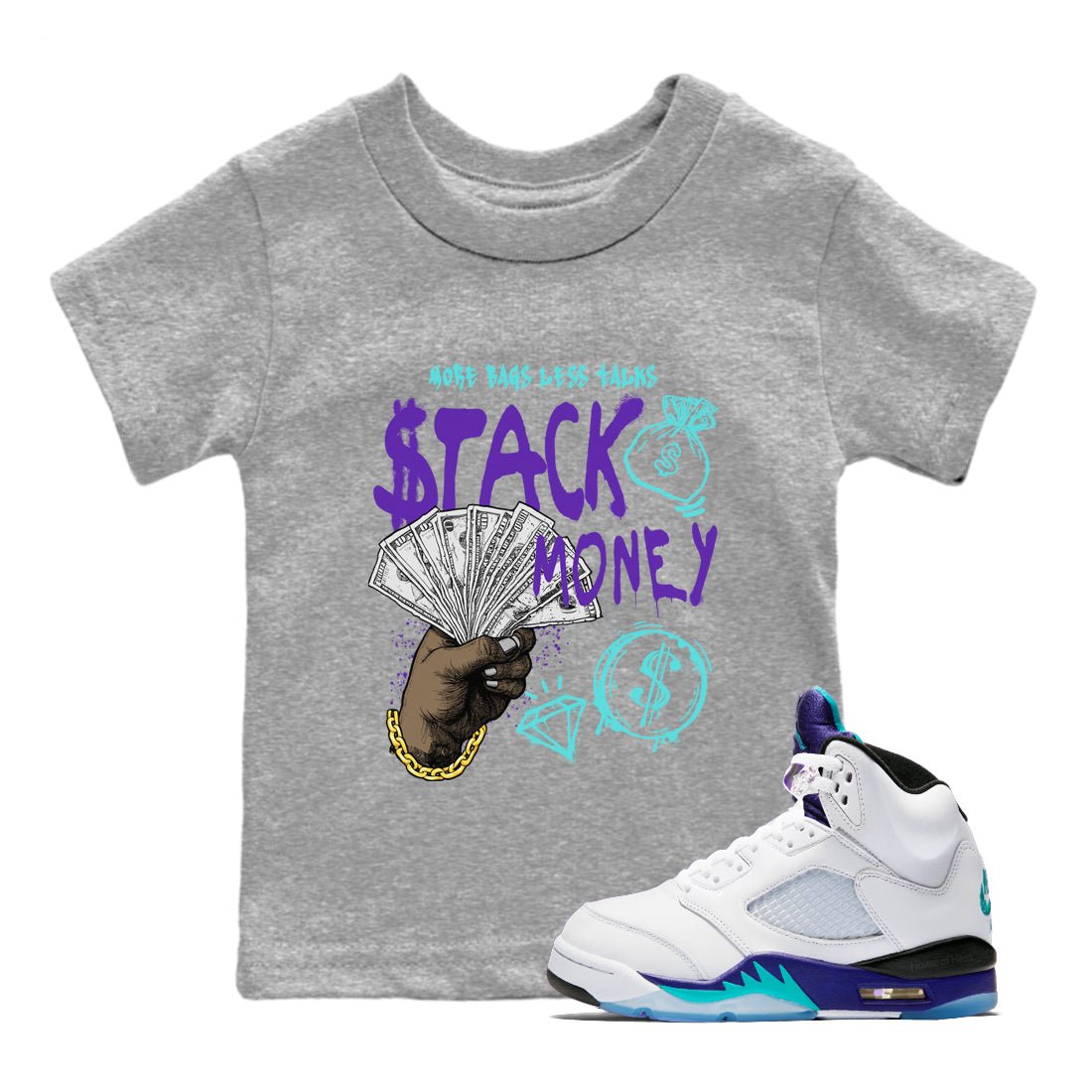 Stack Money baby and kids t-shirt crafted for little sneakerheads to shine with the Air Jordan 5 Grape sneakers, displayed in Heather Grey 1.