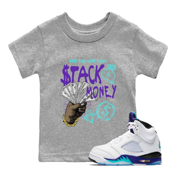 Stack Money baby and kids t-shirt crafted for little sneakerheads to shine with the Air Jordan 5 Grape sneakers, displayed in Heather Grey 1.
