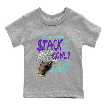 Stack Money baby and kids t-shirt crafted for little sneakerheads to shine with the Air Jordan 5 Grape sneakers, displayed in Heather Grey 2.