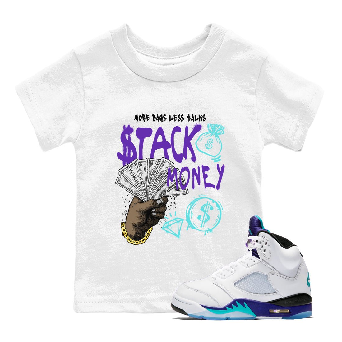 Stack Money baby and kids t-shirt crafted for little sneakerheads to shine with the Air Jordan 5 Grape sneakers, displayed in White 1.