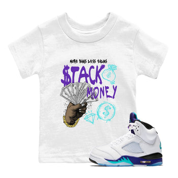 Stack Money baby and kids t-shirt crafted for little sneakerheads to shine with the Air Jordan 5 Grape sneakers, displayed in White 1.