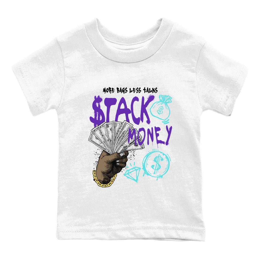 Stack Money baby and kids t-shirt crafted for little sneakerheads to shine with the Air Jordan 5 Grape sneakers, displayed in White 2.