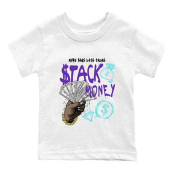 Stack Money baby and kids t-shirt crafted for little sneakerheads to shine with the Air Jordan 5 Grape sneakers, displayed in White 2.