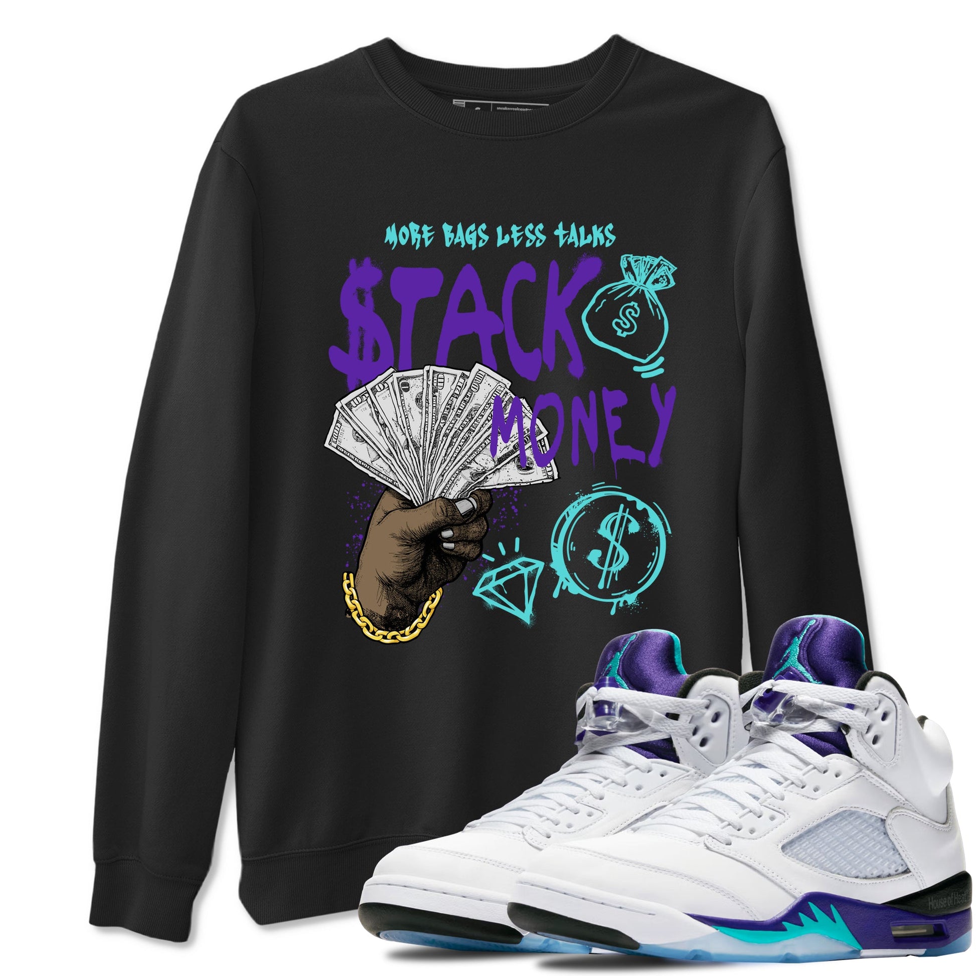 Stack Money sneaker match t-shirt styled to complete your fit with the Air Jordan 5 Grape sneakers, shown in Black 1.