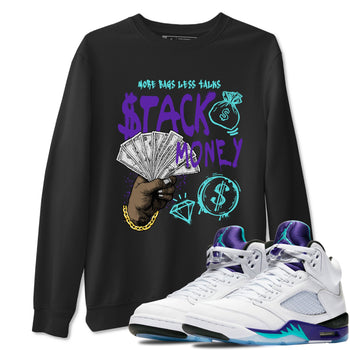 Stack Money sneaker match t-shirt styled to complete your fit with the Air Jordan 5 Grape sneakers, shown in Black 1.