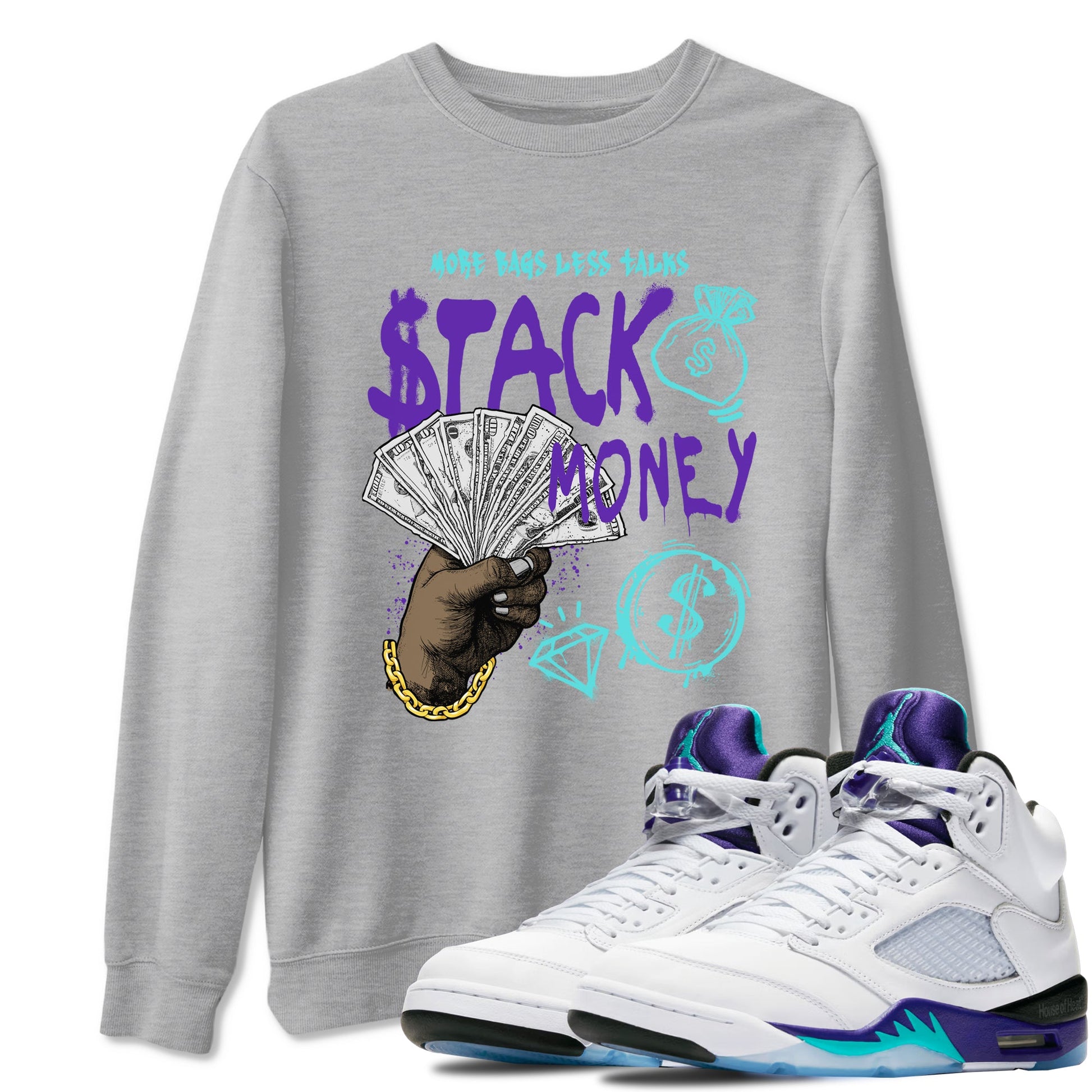 Stack Money sneaker match t-shirt styled to complete your fit with the Air Jordan 5 Grape sneakers, shown in Heather Grey 1.
