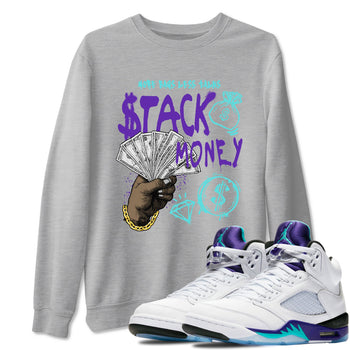 Stack Money sneaker match t-shirt styled to complete your fit with the Air Jordan 5 Grape sneakers, shown in Heather Grey 1.