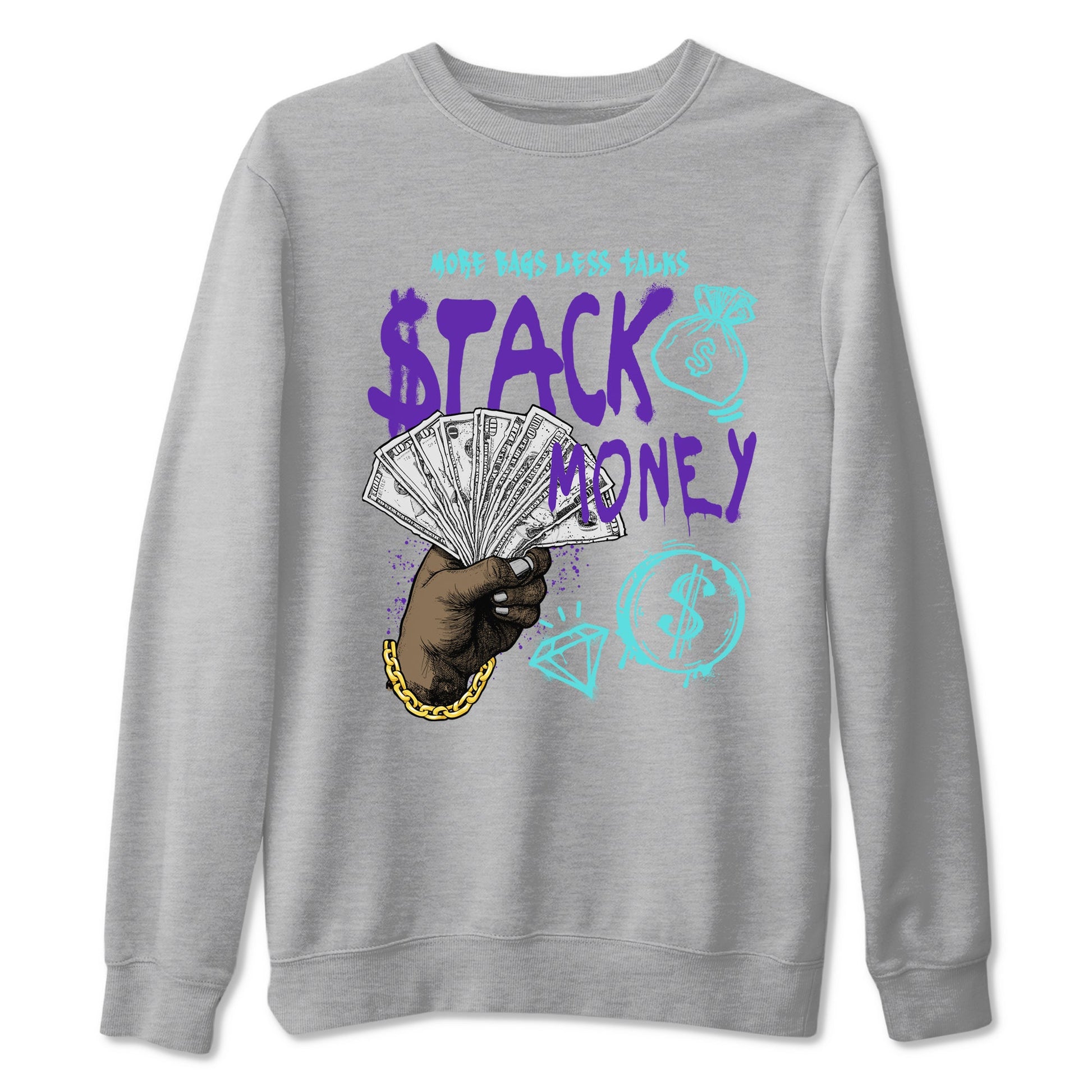Stack Money sneaker match t-shirt styled to complete your fit with the Air Jordan 5 Grape sneakers, shown in Heather Grey 2.