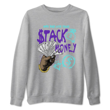 Stack Money sneaker match t-shirt styled to complete your fit with the Air Jordan 5 Grape sneakers, shown in Heather Grey 2.
