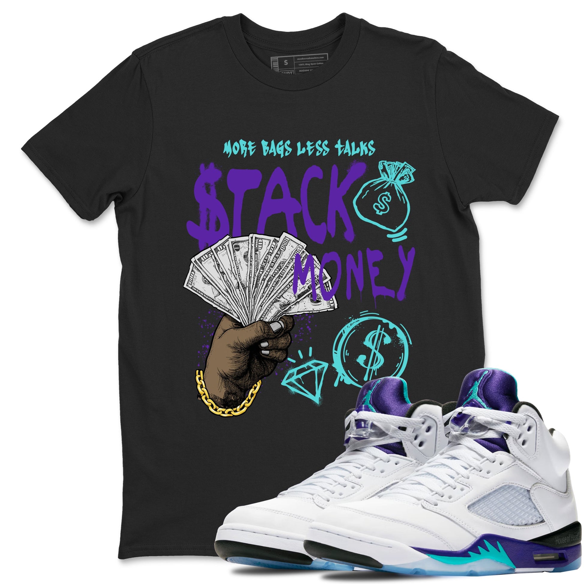 Stack Money sneaker match t-shirt styled to complete your fit with the Air Jordan 5 Grape sneakers, shown in Black 1.