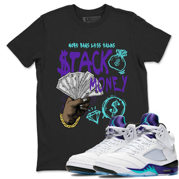 Stack Money sneaker match t-shirt styled to complete your fit with the Air Jordan 5 Grape sneakers, shown in Black 1.