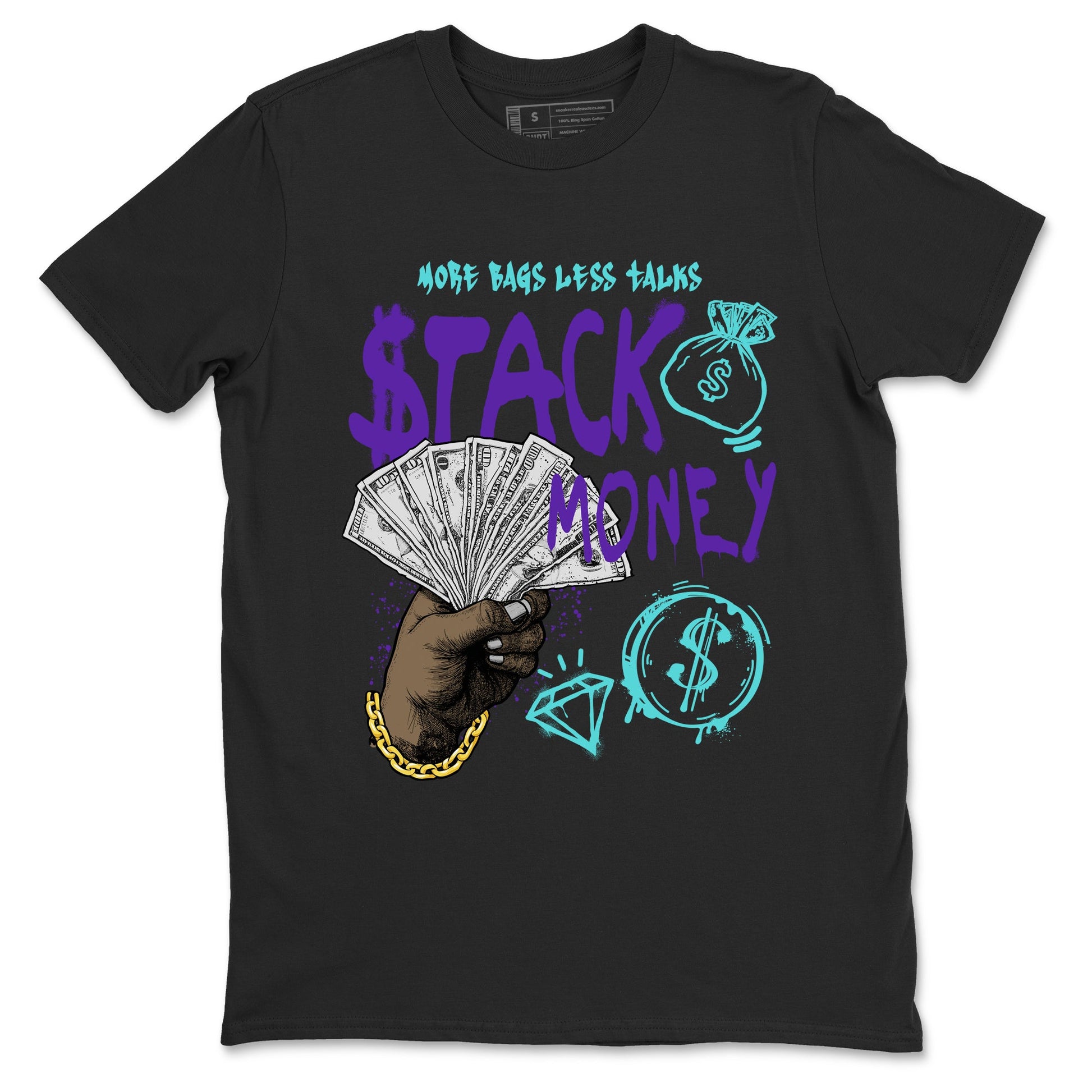 Stack Money sneaker match t-shirt styled to complete your fit with the Air Jordan 5 Grape sneakers, shown in Black 2.