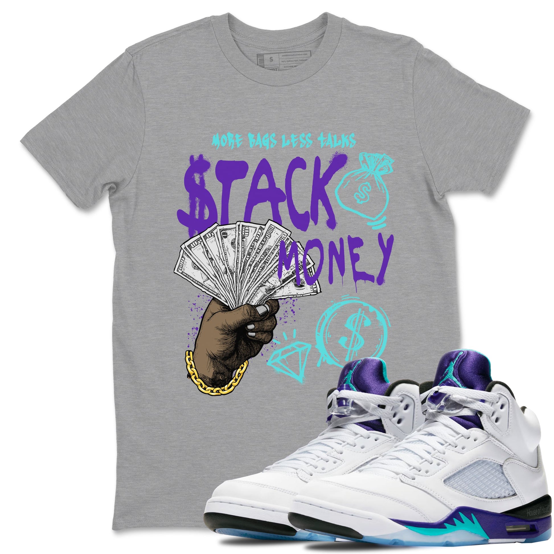 Stack Money sneaker match t-shirt styled to complete your fit with the Air Jordan 5 Grape sneakers, shown in Heather Grey 1.