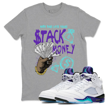 Stack Money sneaker match t-shirt styled to complete your fit with the Air Jordan 5 Grape sneakers, shown in Heather Grey 1.