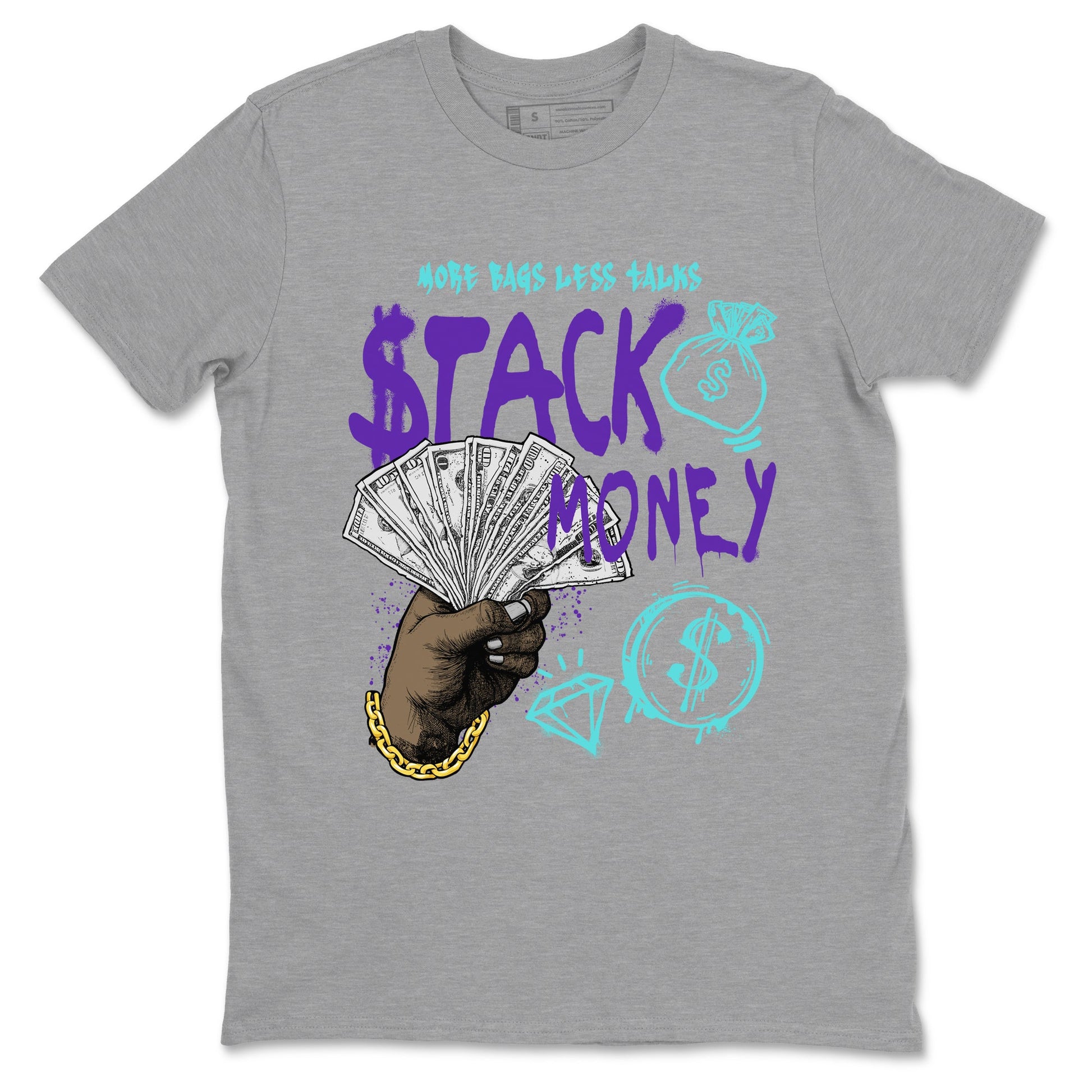 Stack Money sneaker match t-shirt styled to complete your fit with the Air Jordan 5 Grape sneakers, shown in Heather Grey 2.