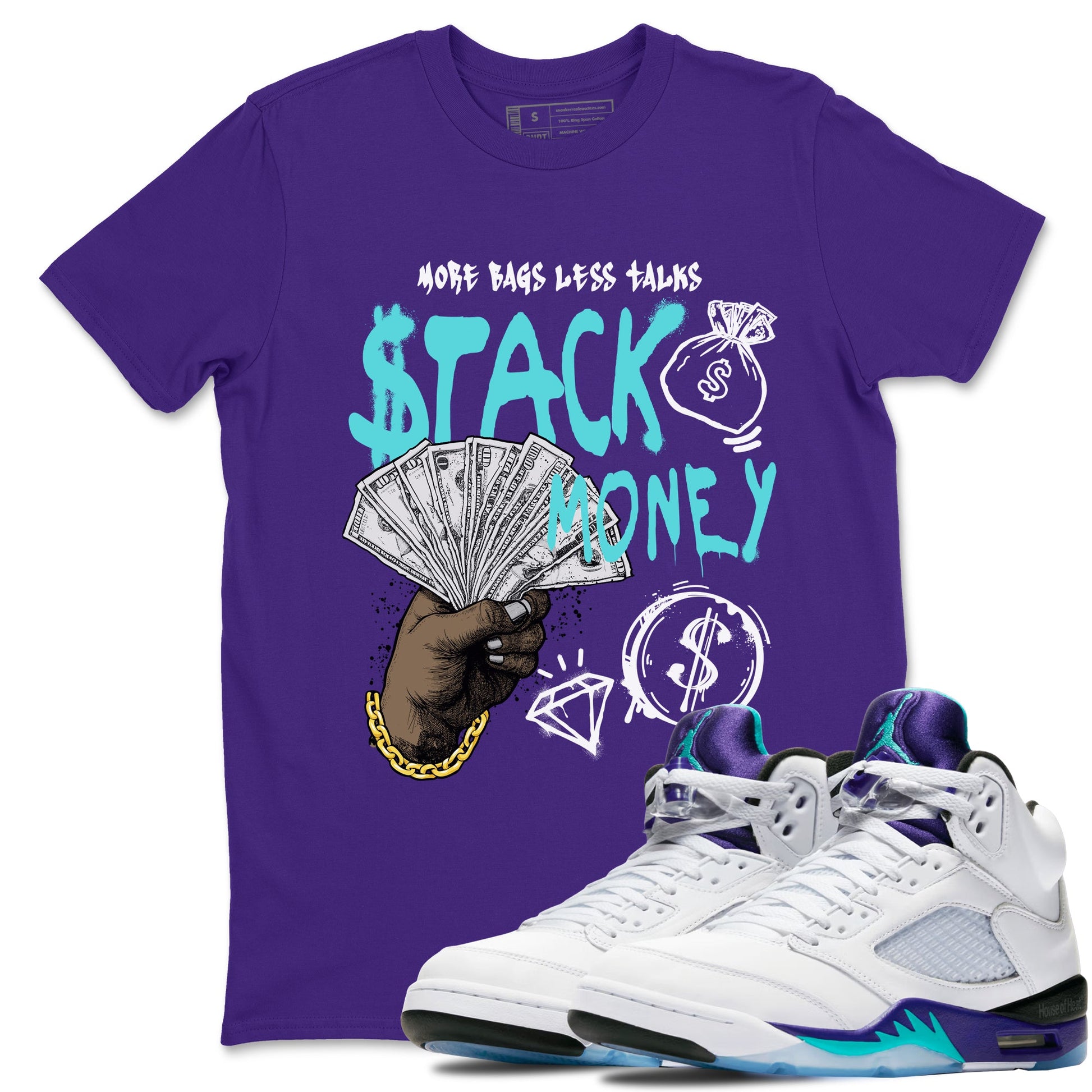 Stack Money sneaker match t-shirt styled to complete your fit with the Air Jordan 5 Grape sneakers, shown in Purple 1.