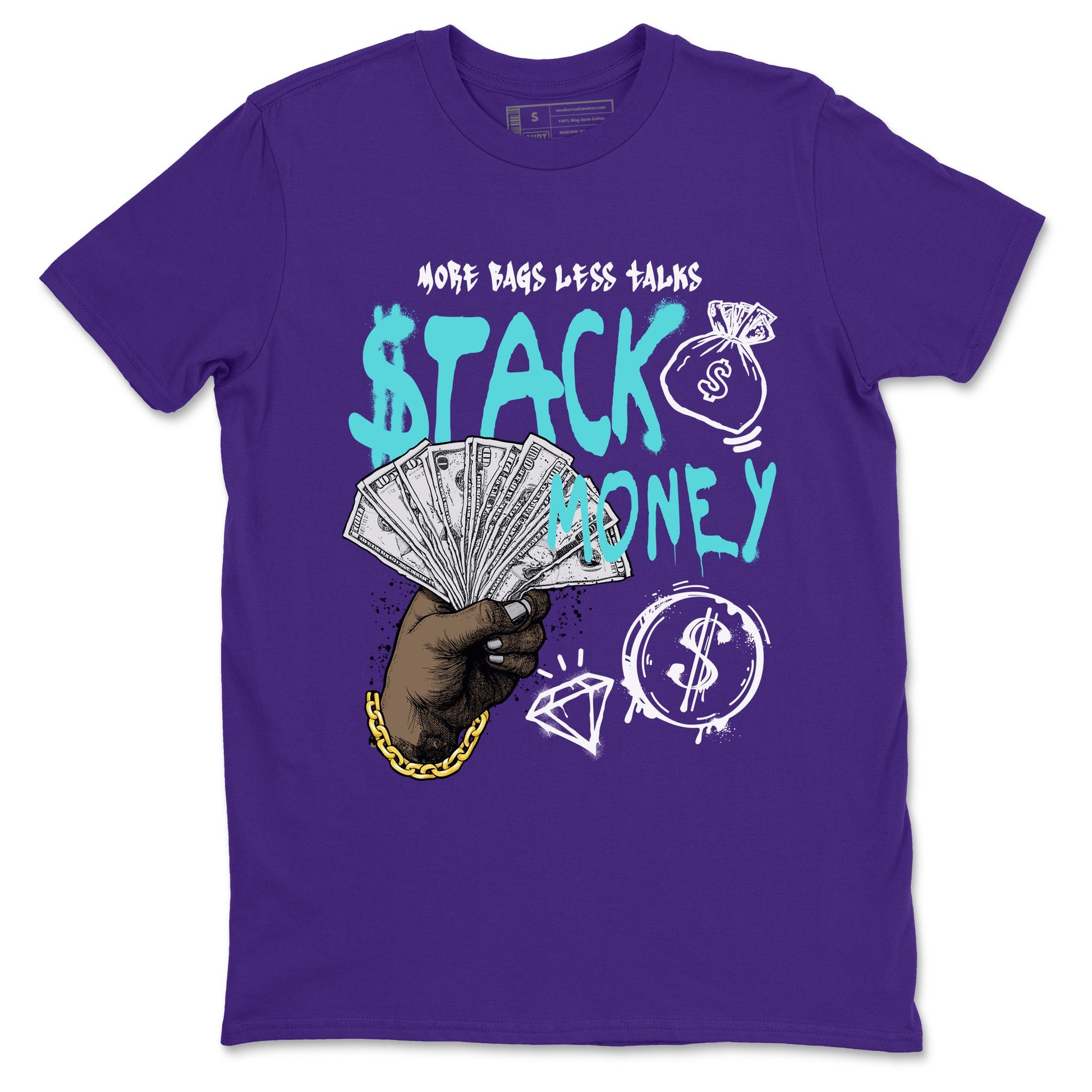 Stack Money sneaker match t-shirt styled to complete your fit with the Air Jordan 5 Grape sneakers, shown in Purple 2.