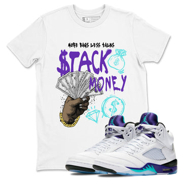 Stack Money sneaker match t-shirt styled to complete your fit with the Air Jordan 5 Grape sneakers, shown in White 1.