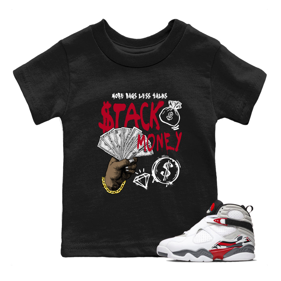 Sneaker match tees – Sneaker Tees To Match Air Jordan 8 Bunny Shoes Air Jordan 8 White and True Red – Stack Money Kids T-Shirt Black 1