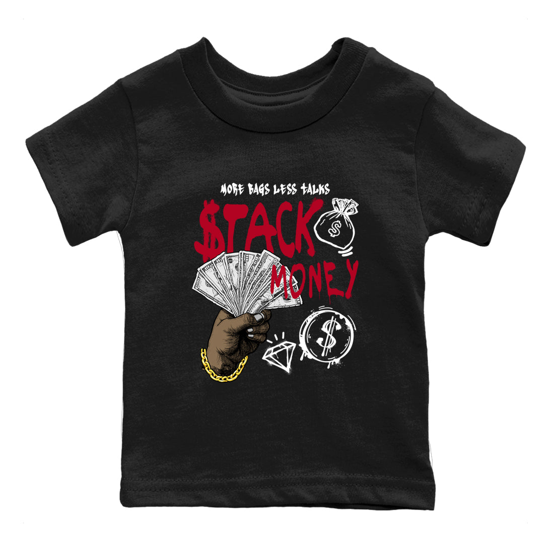 Sneaker match tees – Sneaker Tees To Match Air Jordan 8 Bunny Shoes Air Jordan 8 White and True Red – Stack Money Kids T-Shirt Black 2