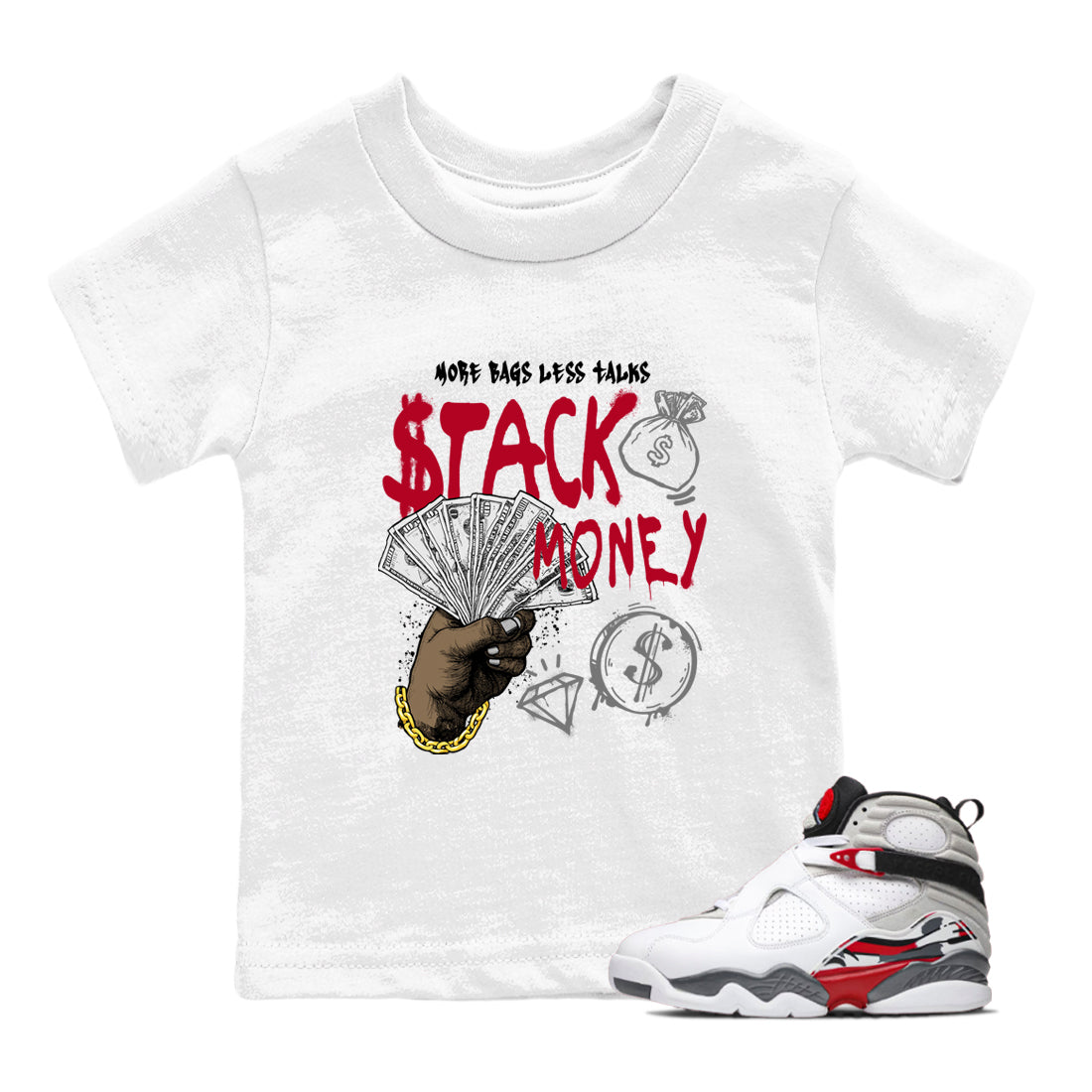 Sneaker match tees – Sneaker Tees To Match Air Jordan 8 Bunny Shoes Air Jordan 8 White and True Red – Stack Money Kids T-Shirt White 1