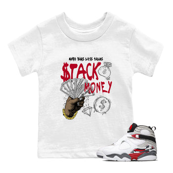 Sneaker match tees – Sneaker Tees To Match Air Jordan 8 Bunny Shoes Air Jordan 8 White and True Red – Stack Money Kids T-Shirt White 1