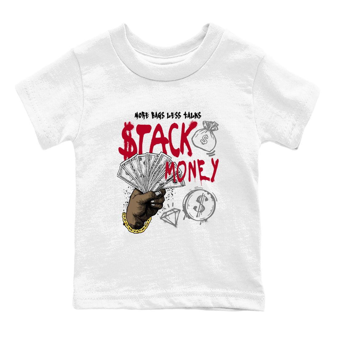 Sneaker match tees – Sneaker Tees To Match Air Jordan 8 Bunny Shoes Air Jordan 8 White and True Red – Stack Money Kids T-Shirt White 2