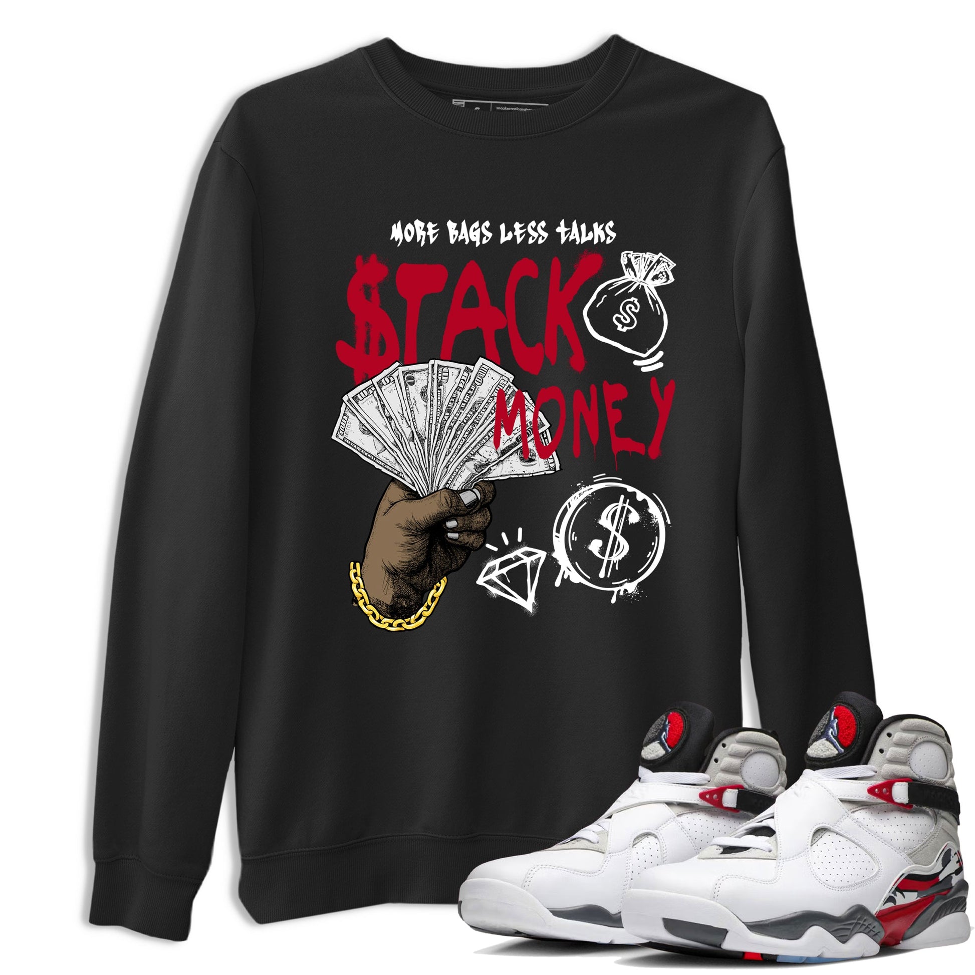 Sneaker match tees – Sneaker Tees To Match Air Jordan 8 Bunny Shoes Air Jordan 8 White and True Red – Stack Money Tee Black 1