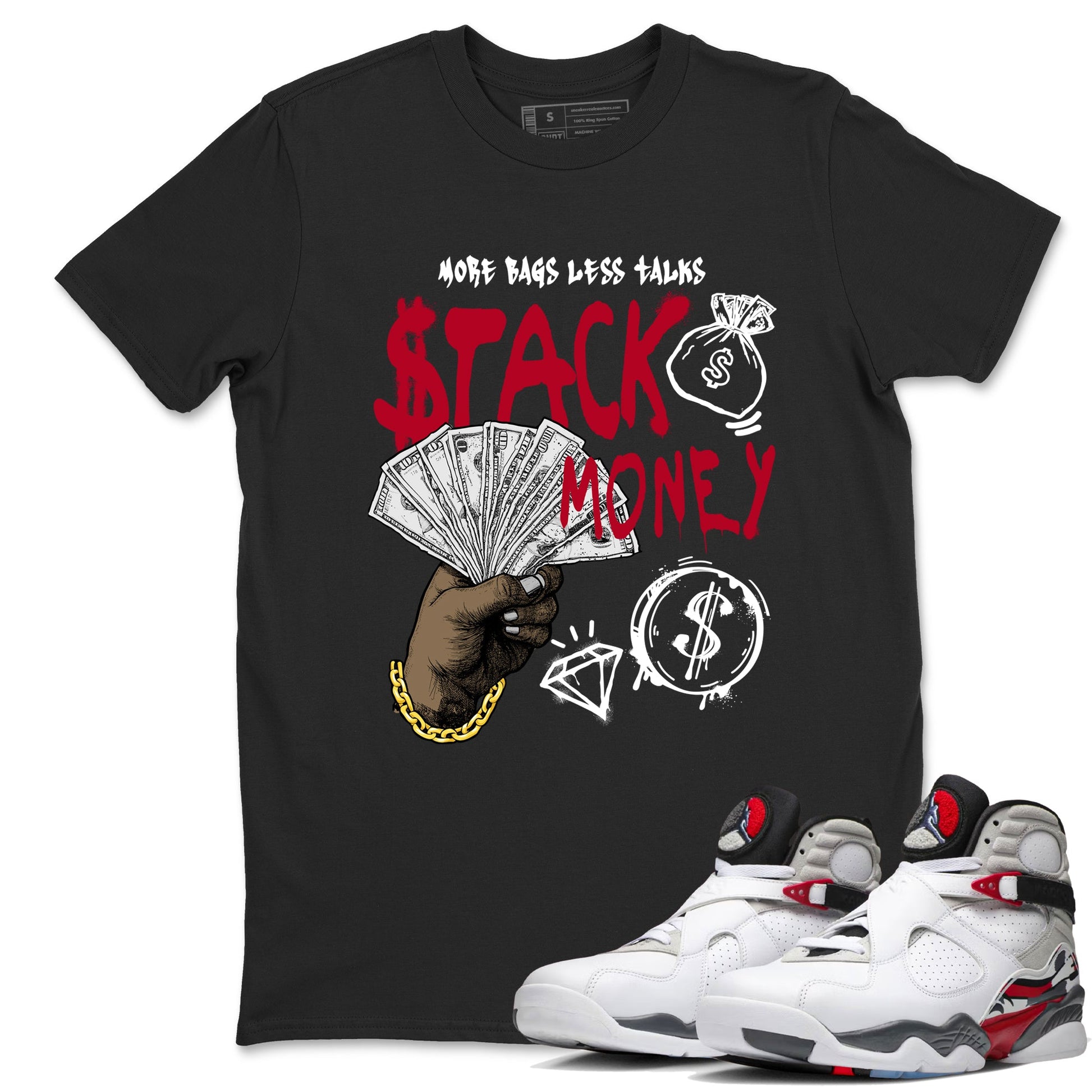 Sneaker match tees – Sneaker Tees To Match Air Jordan 8 Bunny Shoes Air Jordan 8 White and True Red – Stack Money Tee Black 1